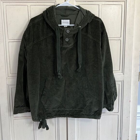 NWOT American Eagle size small green corduroy pullover hoodie - Picture 1 of 4